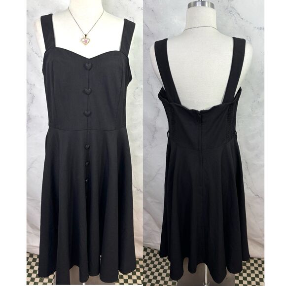 Vtg 50s Voodoo Vixen Black Swing Flare Dress XL Pin up Retro Heart Button goth - Picture 1 of 16